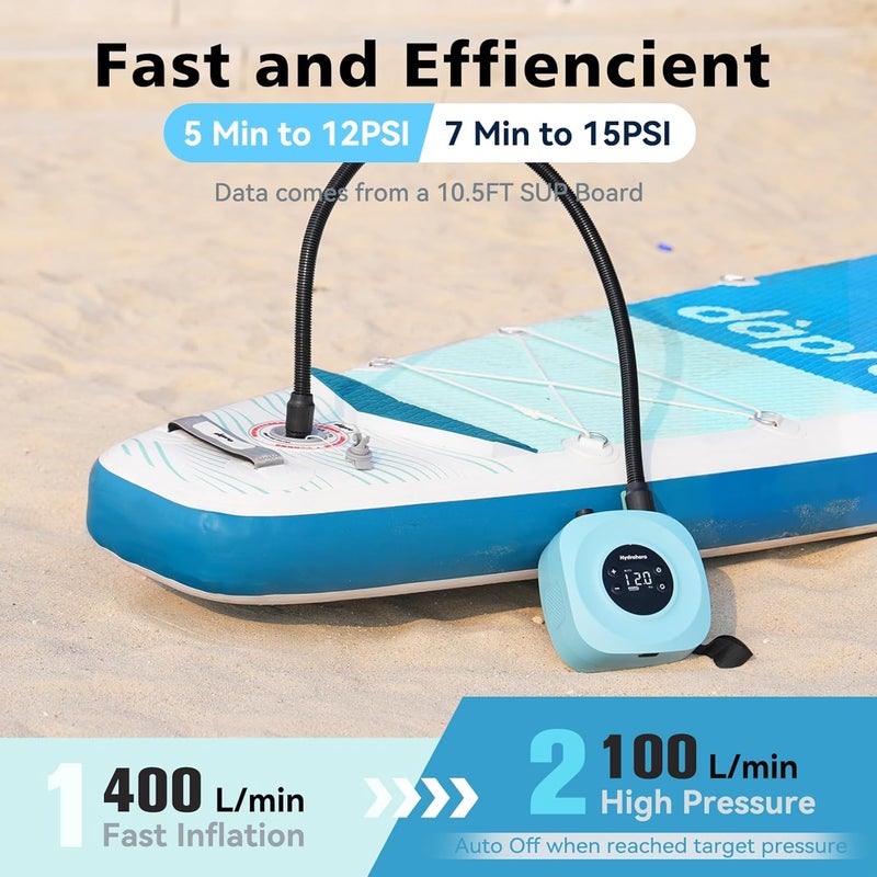Hydrohero مضخة لوح التجديف الكهربائية، مضخة SUP عالية الضغط قابلة لإعادة الشحن 20PSI، تضخيم وتفريغ ذكي مزدوج المرحلة، إيقاف تلقائي لألواح التجديف، كيت التزلج، خيمة، قارب - Image 2